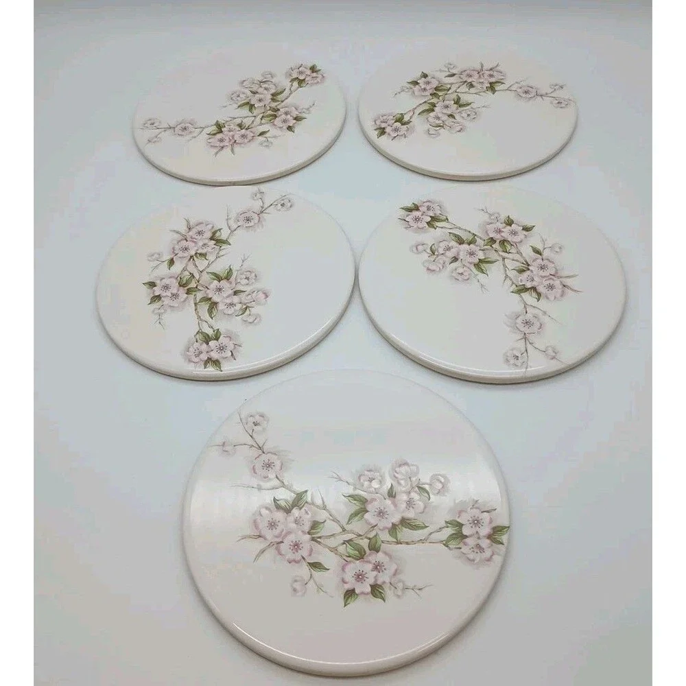 Vtg Mid-State Ceramic Trivets Cherry Spring Blossom 6